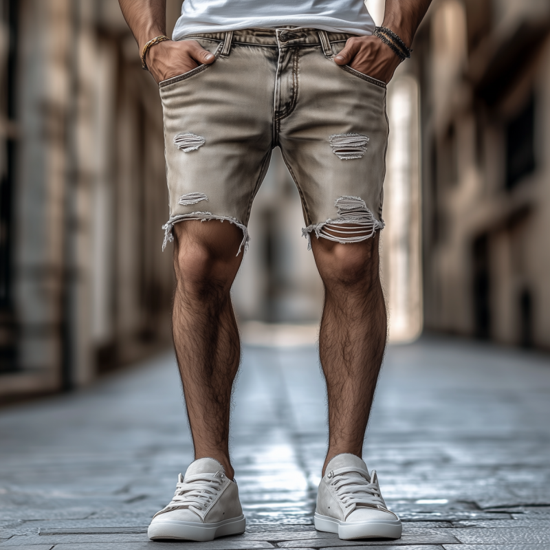 Men's Casual Outdoor Washed Distressed Hole Slim Fit Denim Shorts DTT25061203