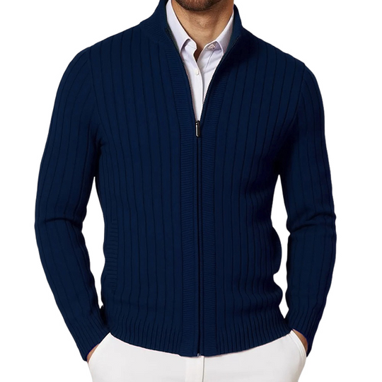 Men's Stand Collar Solid Color Striped Knit Zipper Cardigan DTT25081801