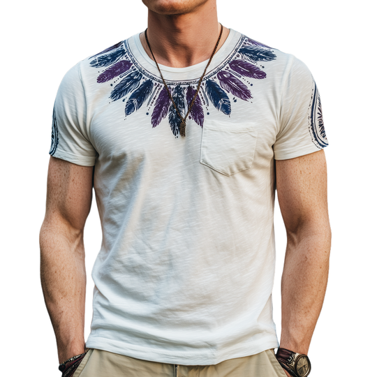 Men's Fashion Feather Print Slub Cotton Round Neck Short Sleeve T-Shirt DTT25071606
