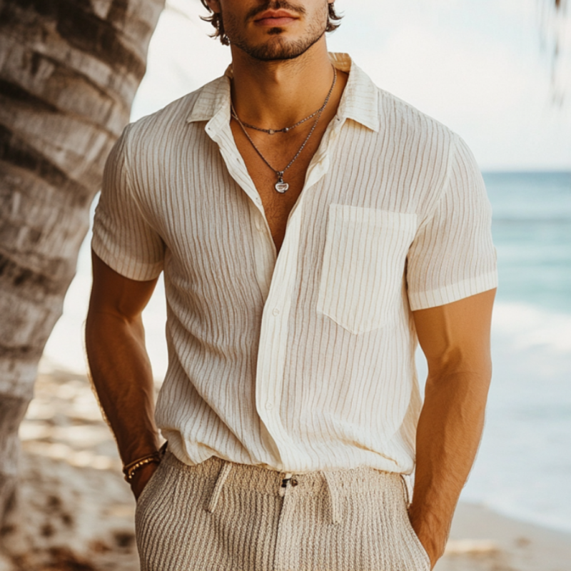 Men's Casual Breathable Linen Striped Lapel Patch Pocket Slim Fit Short Sleeve Shirt DTT25060516