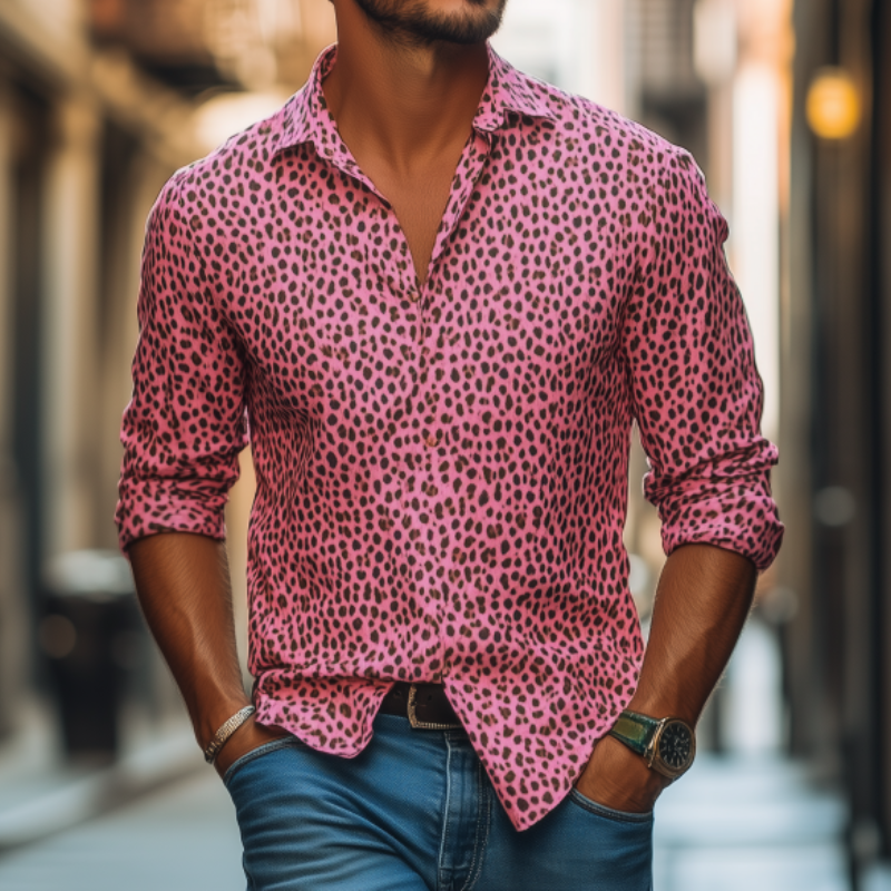 Men's Fashion Spring Summer Leopard Print Casual Long Sleeve Shirt 9911545528504