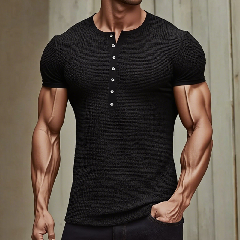 Men's Solid Color Waffle Henley Neck Short Sleeve T-shirt DTT25061707