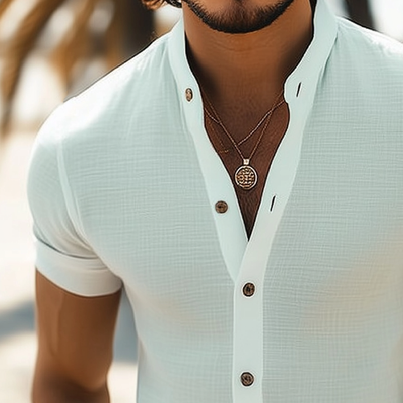 Men's Summer Basic Stand Collar Textured Short Sleeve Shirt DTT25061601