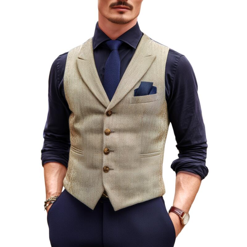 Men's Vintage Wool Blend Herringbone Lapel Single-Breasted Slim-Fit Suit Vest DTT25082912
