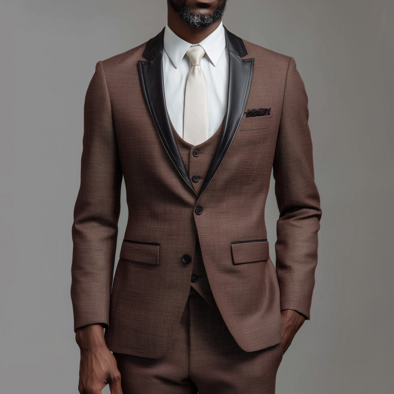 Men's Fashionable Cotton Blend Patchwork PU Peaked Lapel Single-breasted Slim-fit Suit Blazer DTT25081417