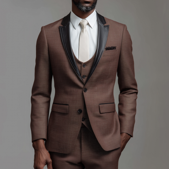 Men's Fashionable Cotton Blend Patchwork PU Peaked Lapel Single-breasted Slim-fit Suit Blazer DTT25081417