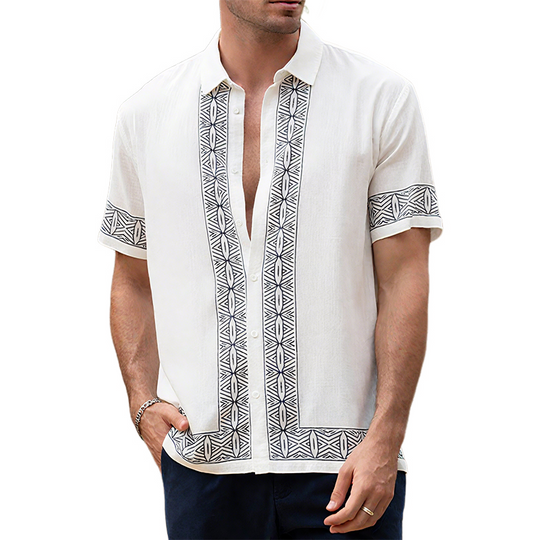 Men's Summer Casual Cotton And Linen Printed Lapel Short-sleeved Shirt DTT25070302