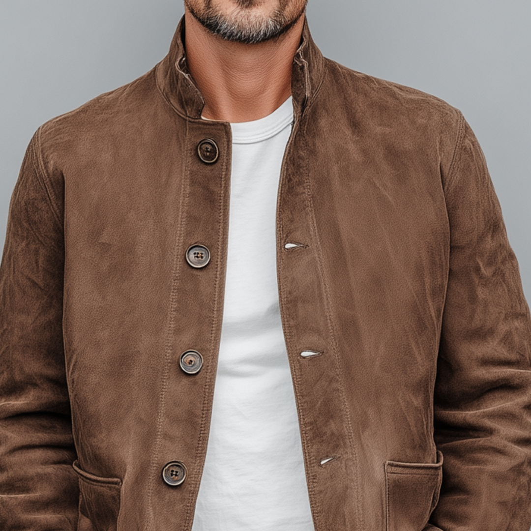 Men's Retro Casual Thin Suede Wooden Button Stand Collar Jacket DTT25080117