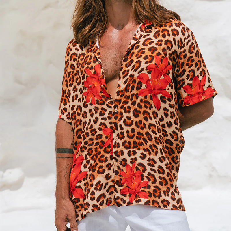 Men's Spring And Summer Fashion Casual Cotton Blended Printed Leopard Rose Sexy Short Sleeve Shirt DTT25071112