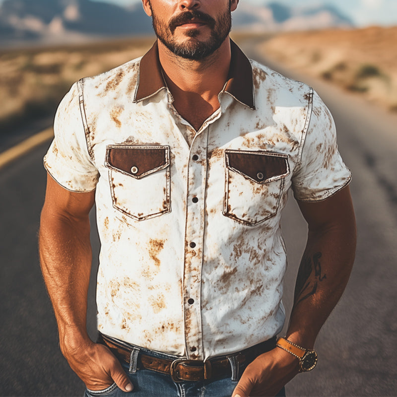 Men's Summer Western Cowboy Style Colorblock Print Short Sleeve Shirt DTT25060618