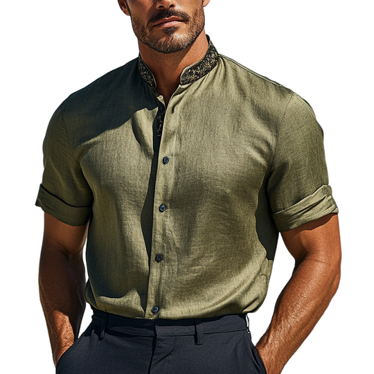 Men's Casual Solid Color Stand Collar Short Sleeve Shirt DTT25061704