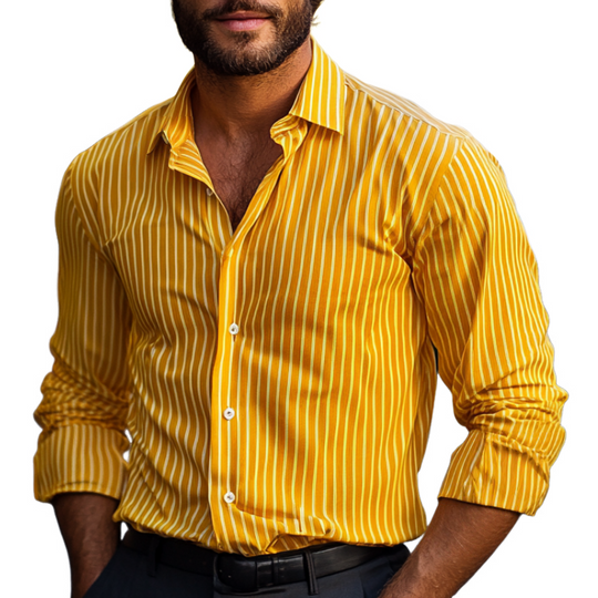 Men's Yellow Striped Lapel Long Sleeve Shirt 9892050337976