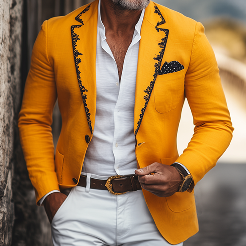 Men's  Spring and Summer Thin Fashion Casual American Retro Western Tough Style Cotton And Linen Embroidery Slim Fit Single-breasted Blazer  DTT25061714