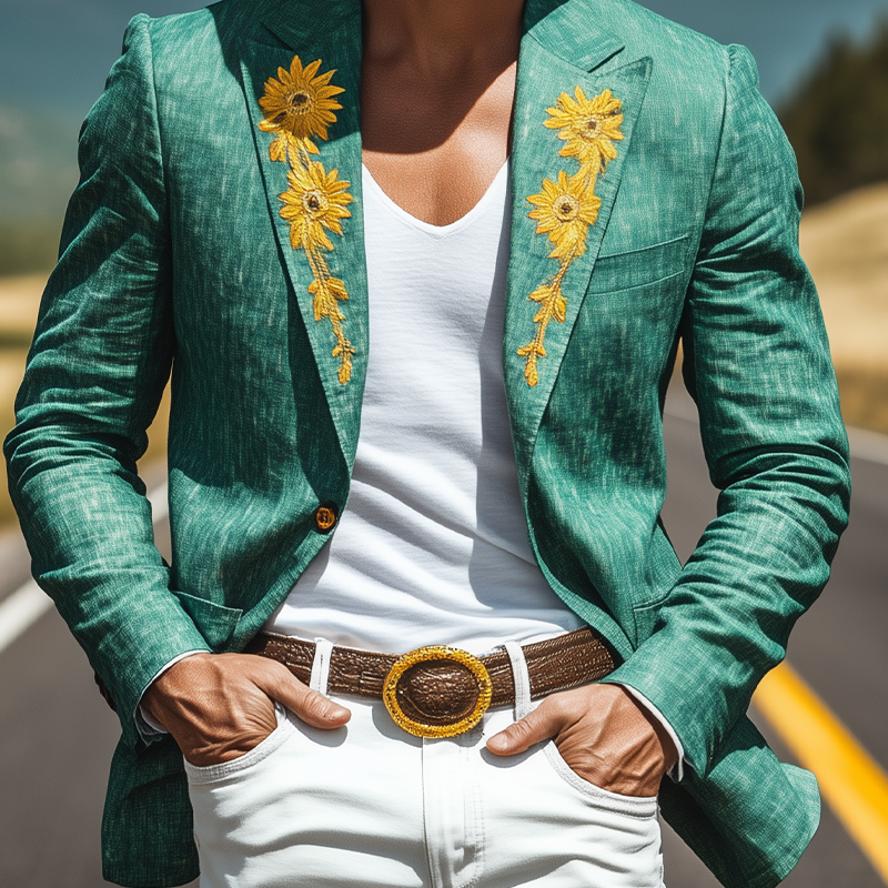 Men’s Spring and Summer Thin Fashion Casual American Retro Western Tough Style Cotton And Linen Texture Embroidery Slim Fit Single-breasted Blazer DTT25061715