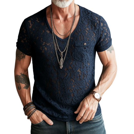Men's Lace V Neck Chest Pocket Short Sleeve T-shirt DTT25062504