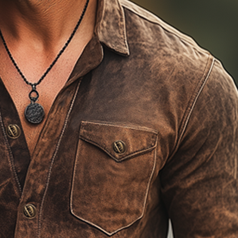 Men's Spring And Autumn Retro Distressed PU Leather Long Sleeve Shirt DTT25082035