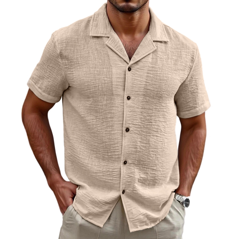 Men's Holiday Casual Cotton And Linen Solid Color Short-sleeved Shirt DTT25071805
