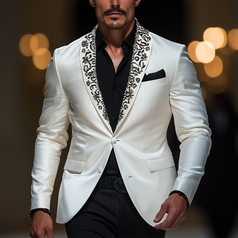Men's Classic Retro Shawl Collar Embroidery Event Party Satin Slim Fit Single Breasted Blazer DTT25061020