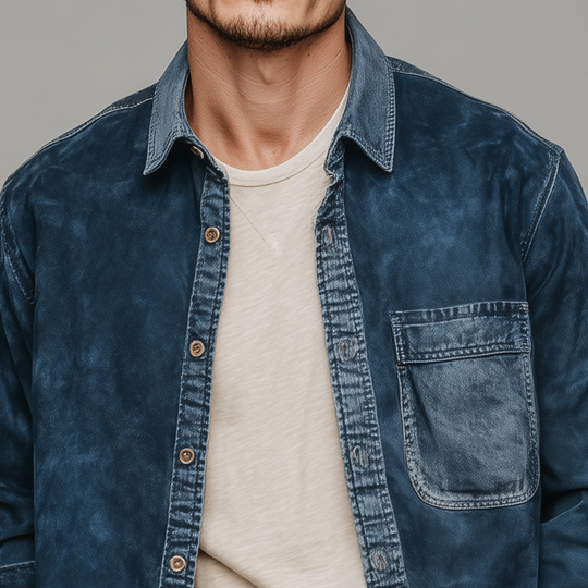 Men's Fashion Casual Thin Suede Splicing Denim Washed Long Sleeve Shirt DTT25072402