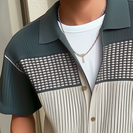 Men's Business Colorblock Knitted Button Short Sleeve Shirt DTT25072309