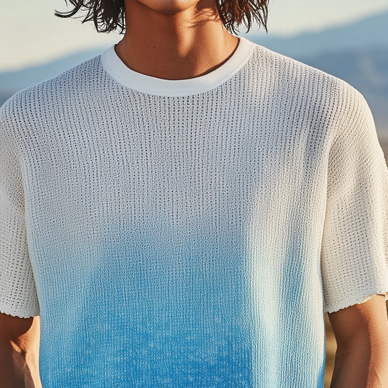 Men's Spring And Summer Fashion Casual Knitted Gradient Hanging Dye Round Neck Short-sleeved T-shirt DTT25070120