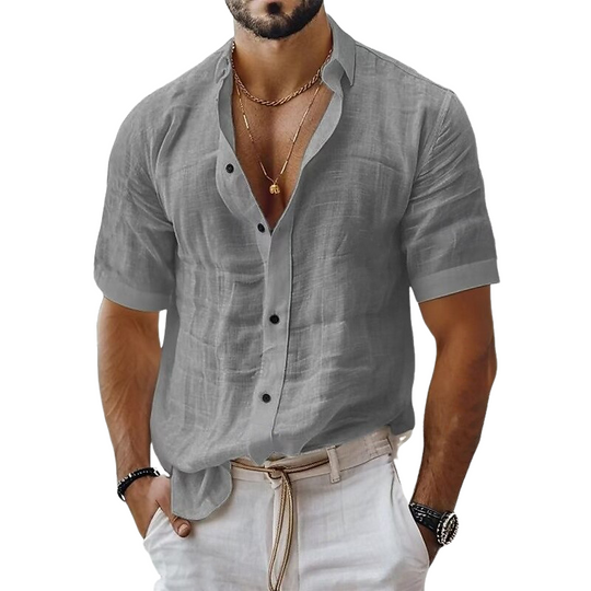 Men's Solid Color Cotton And Linen Short-sleeved Shirt DTT25072412