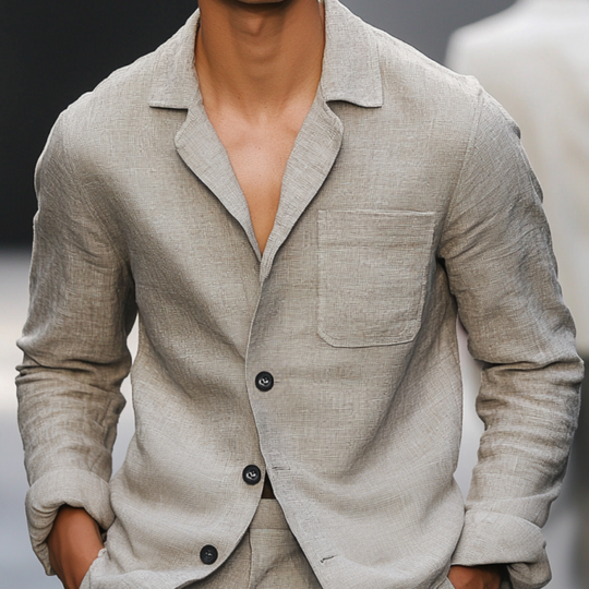 Men's Casual Breathable Linen Notched Lapel Patch Pocket Loose Long Sleeve Shirt DDT25052922