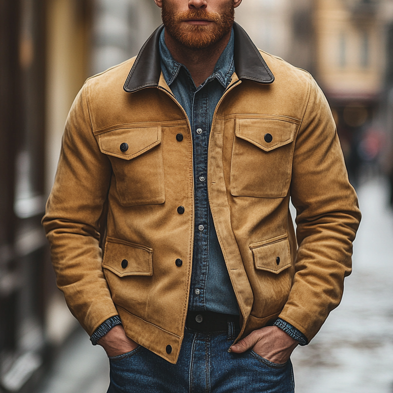 Men's Vintage Faux Suede And PU Lapel Jacket DTT25082916