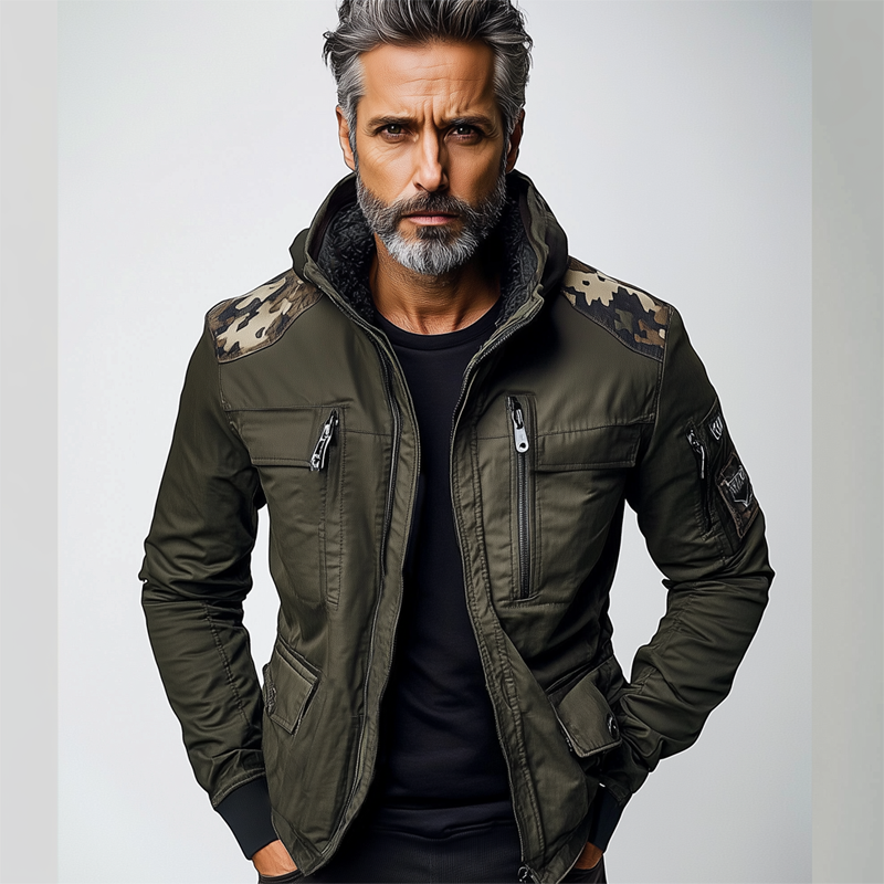Men's Camouflage Contrast Multi-pocket Hooded Jacket DTT25080413