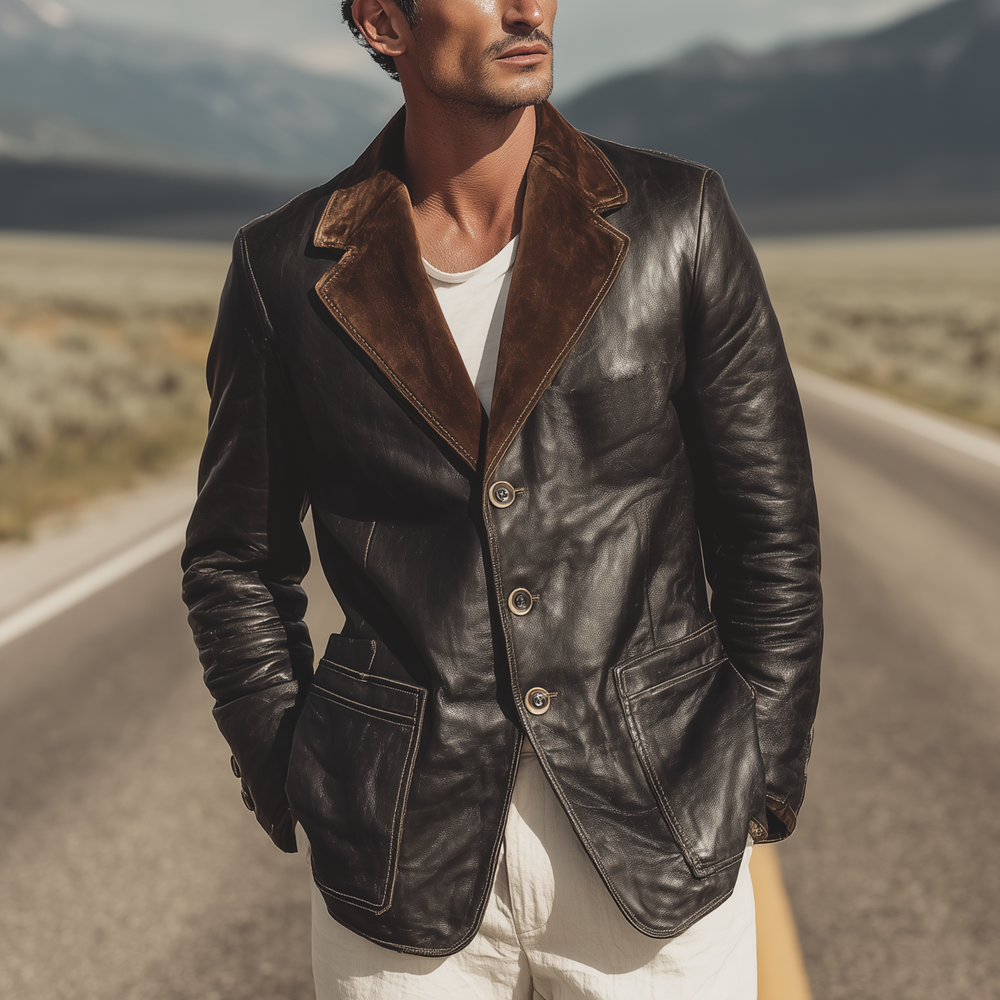 Men's Classic Retro Western Cowboy Style Suede Collar Single-breasted PU Leather Blazer DTT25081415
