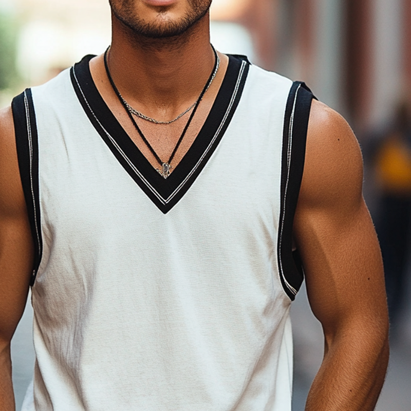 Men's Contrast Color V-Neck Cotton Blend Tank Top DTT25072207