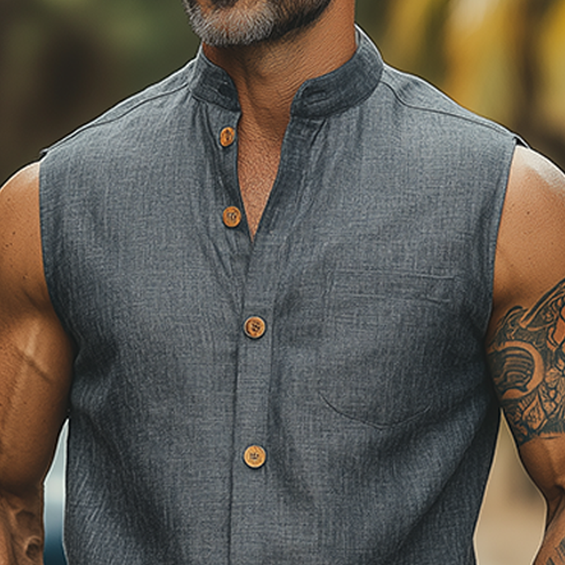 Men's Fashion Casual Classic Retro Stand Collar Tough Style Cotton And Linen Sleeveless Shirt DTT25060306