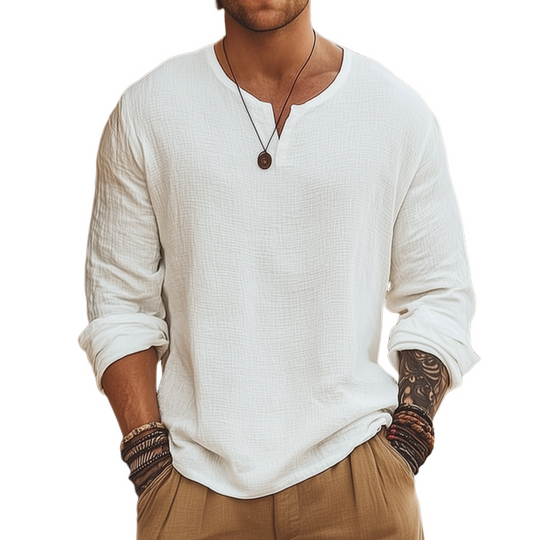 Men's Casual Solid Color Breathable Cotton Bubble Wrinkled V-neck Loose Long-sleeved T-shirt DTT25070210