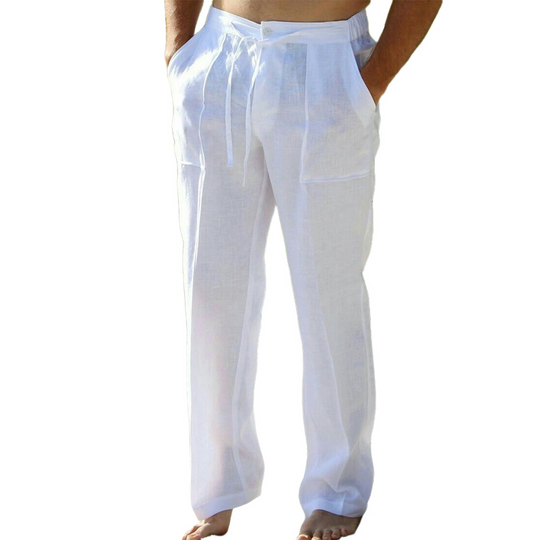 Men's White Linen Lace-Up Loose Casual Pants 9899720769720