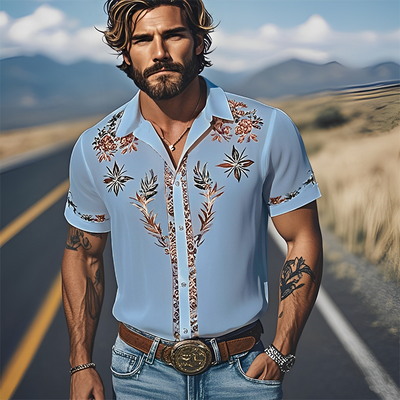 Men's Spring And Summer Fashion Casual Western Cowboy Style Light Chiffon Fabric Printed Short-sleeved Shirt DTT25060614