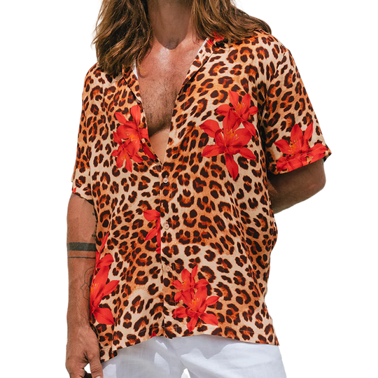 Men's Spring And Summer Fashion Casual Cotton Blended Printed Leopard Rose Sexy Short Sleeve Shirt DTT25071112