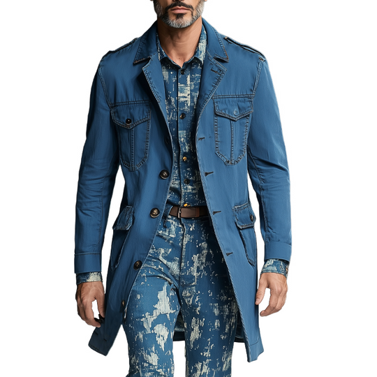 Men's Vintage Washed Navy Style Mid-Length Denim Trench Coat DTT25080110