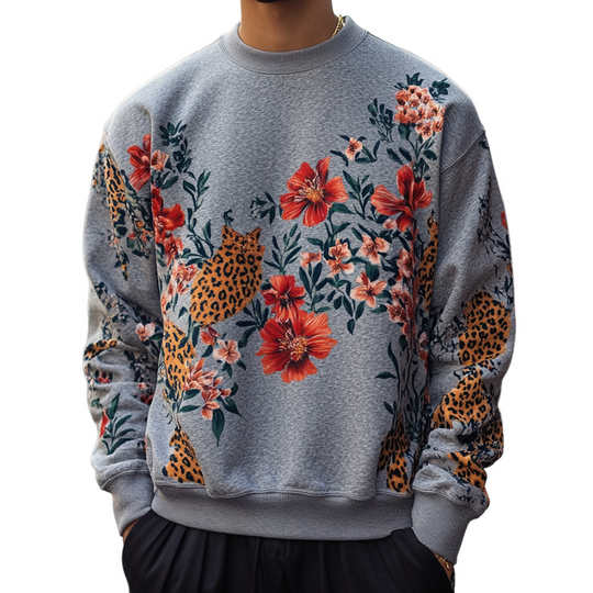 Men's Retro Casual Floral Leopard Print Crew Neck Sweatshirt 9893975326904