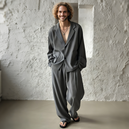 Men's Fashion Ribbed Cuban Collar Single Breasted Loose Long Sleeve Shirt Elastic Waist Straight Pants Set DTT25070911