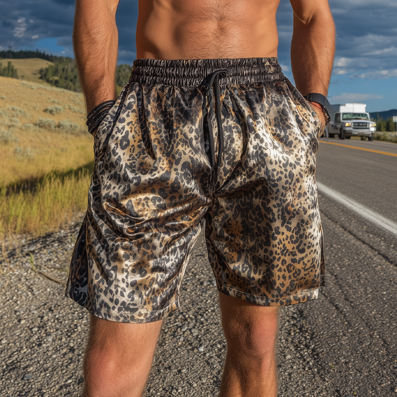 Men's Fashion Casual Leopard Print Satin Elastic Waist Shorts DTT25071708