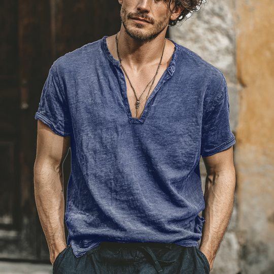 Men's Linen Blend V-Neck Short Sleeve T-Shirt DTT25070313