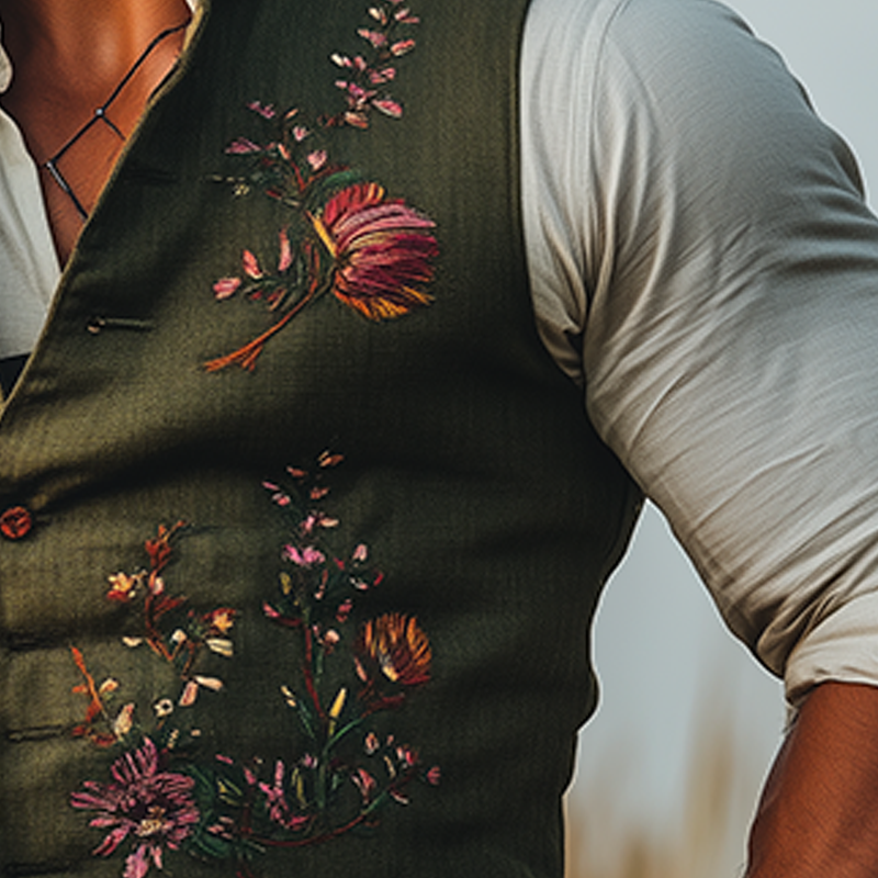 Men's Summer Fashion Embroidered Slub Linen Sleeveless Vest DTT25070111