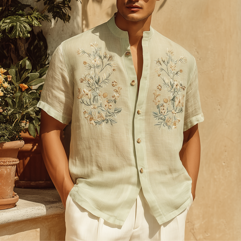 Men's Summer Cotton Vintage Floral Embroidery Short Sleeve Shirt DTT25071010
