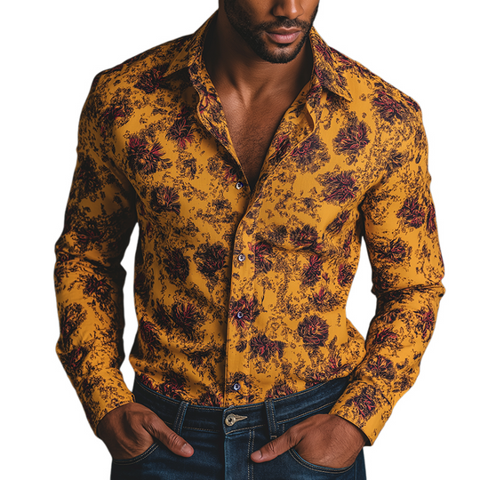 Men's Retro Casual Floral Print Lapel Long Sleeve Shirt DTT25082023