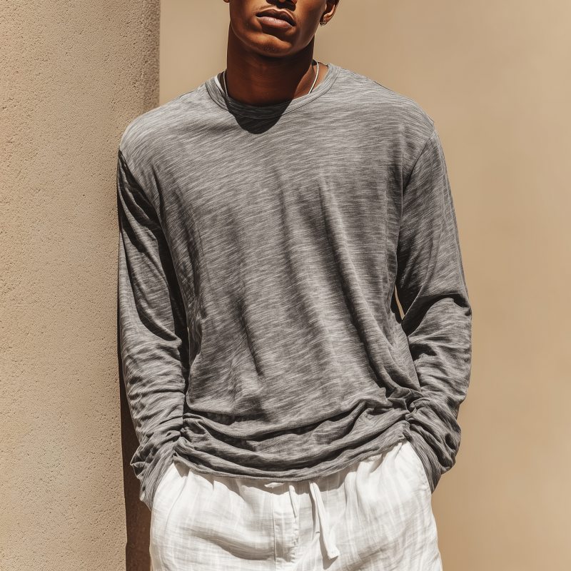 Men's Casual Breathable Soft Cotton Round Neck Loose Long Sleeve T-shirt DTT25071113