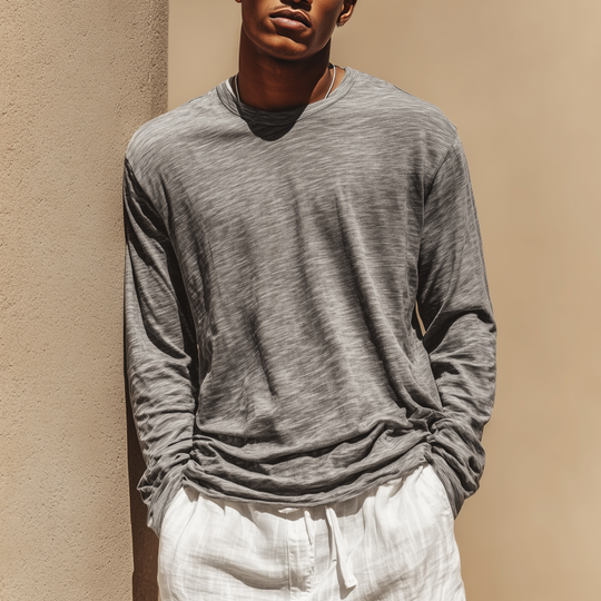 Men's Casual Breathable Soft Cotton Round Neck Loose Long Sleeve T-shirt DTT25071113