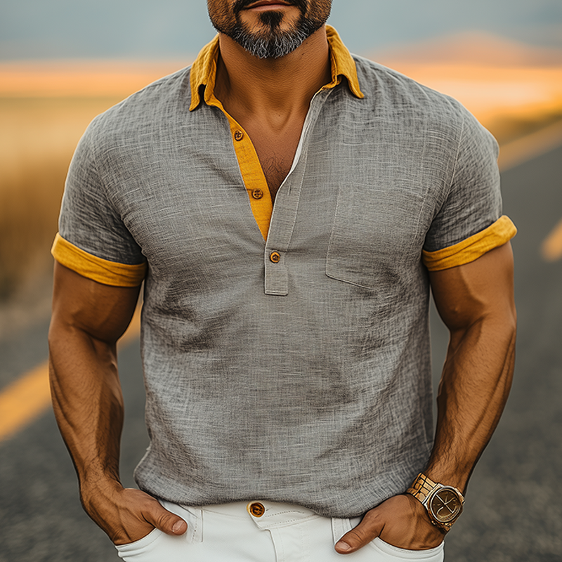 Men's Classic Casual American Retro Tough Style Cotton And Linen Contrast Color Stitching Short-sleeved Polo Shirt DDT25052817