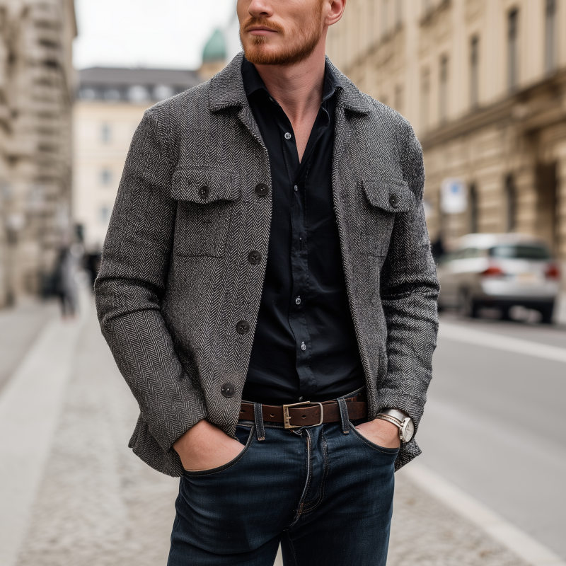 Men's Vintage Wool Blend Herringbone Lapel Flap Chest Pocket Loose Long Sleeve Shirt Jacket DTT25082201