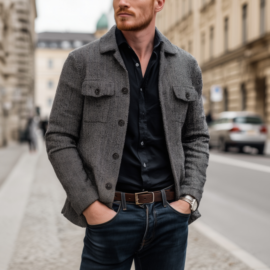 Men's Vintage Wool Blend Herringbone Lapel Flap Chest Pocket Loose Long Sleeve Shirt Jacket DTT25082201