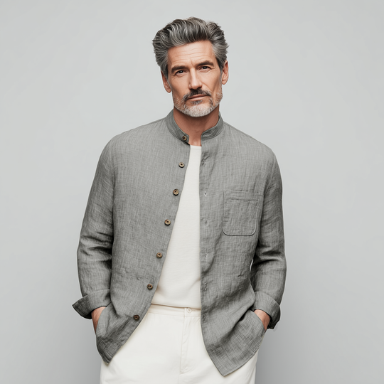 Men's Classic Casual Stand-up Collar Cotton And Linen Wooden Button Long-sleeved Shirt DTT25073016